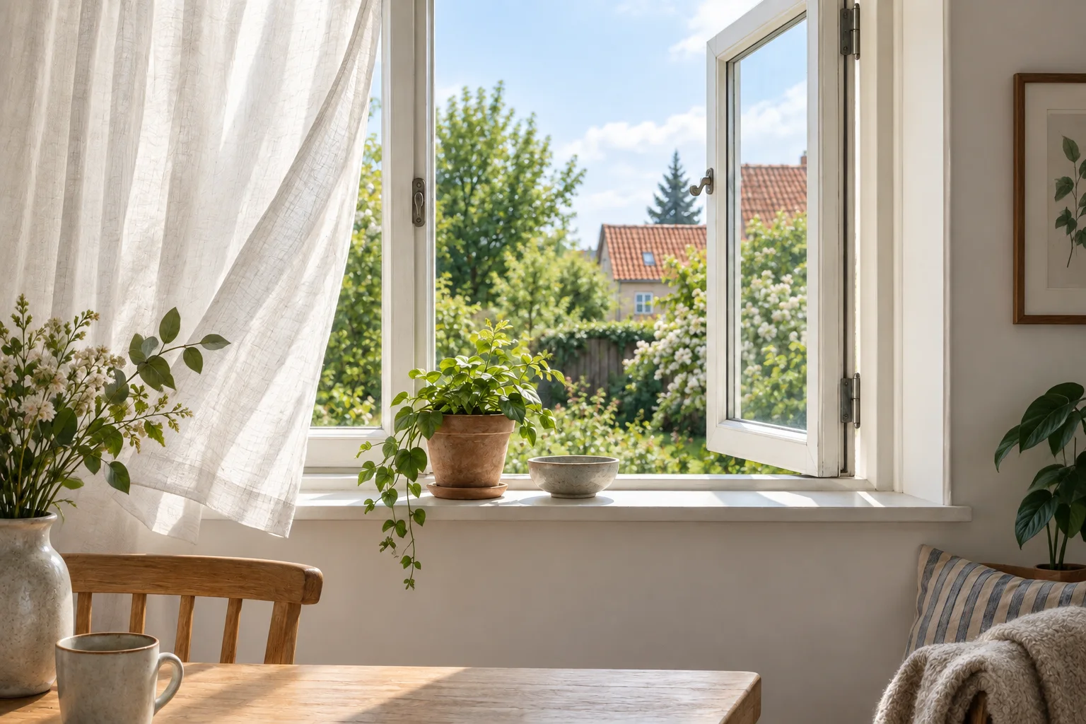 Et åbent vindue i en bolig