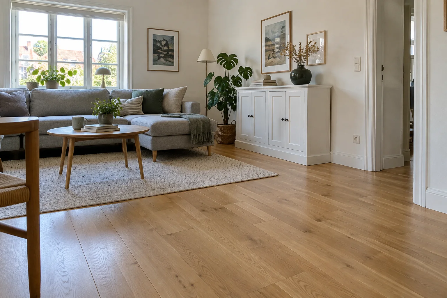Stue med synlige fodlister og opbevaringsskab