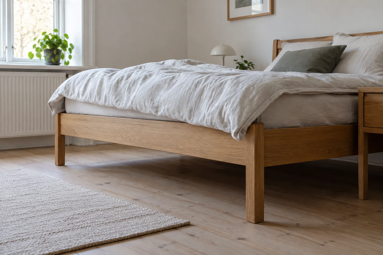 Seng med synlig ramme og gulvkanter