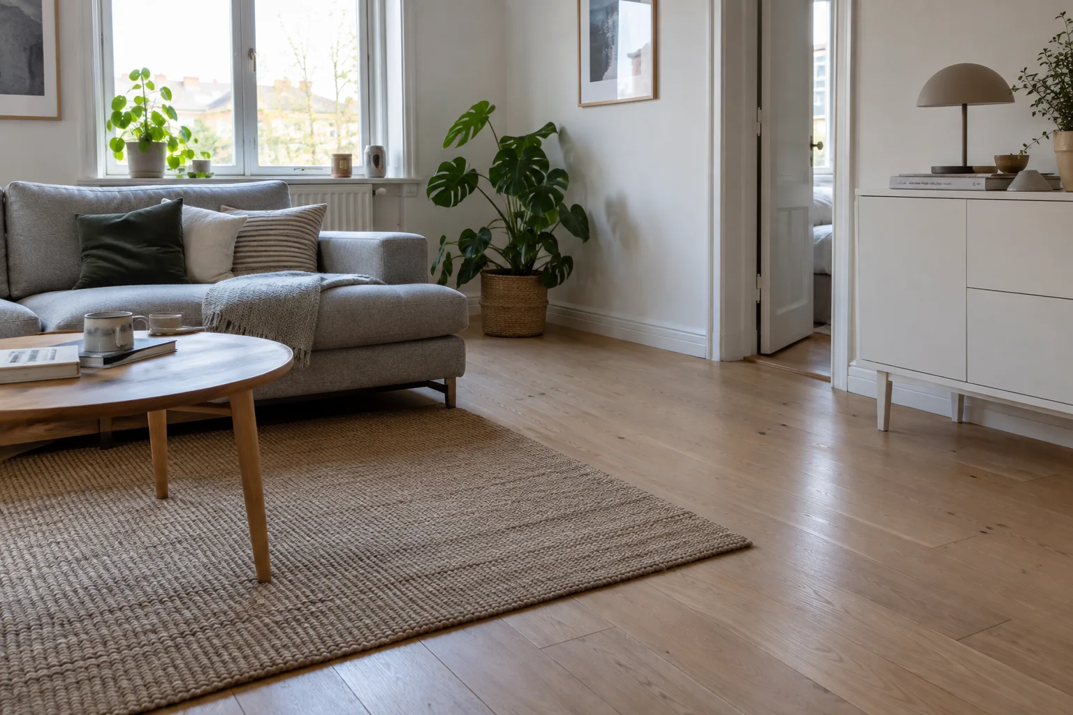 Stue med synlige fodlister og opbevaringsskab